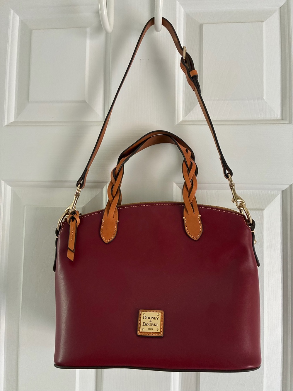 Dooney & Bourke Burgundy Leather Satchel with Tan Braided Handles and Strap